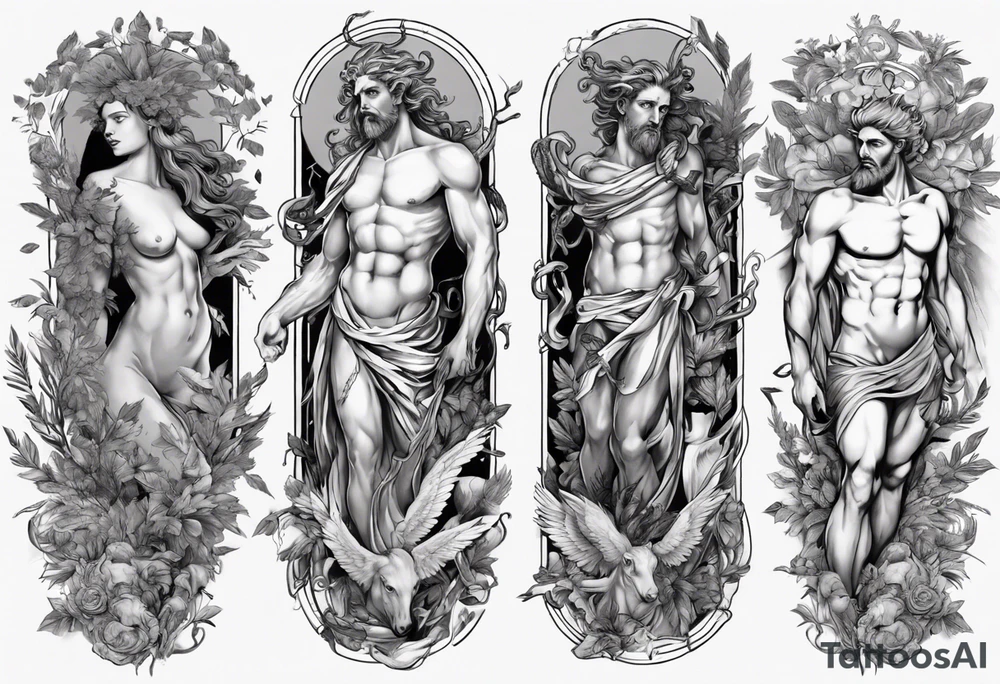 Greek mythology sleeve with Medusa, Zeus, olive branches and a Pegasus tattoo idea