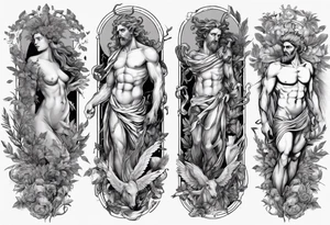Greek mythology sleeve with Medusa, Zeus, olive branches and a Pegasus tattoo idea