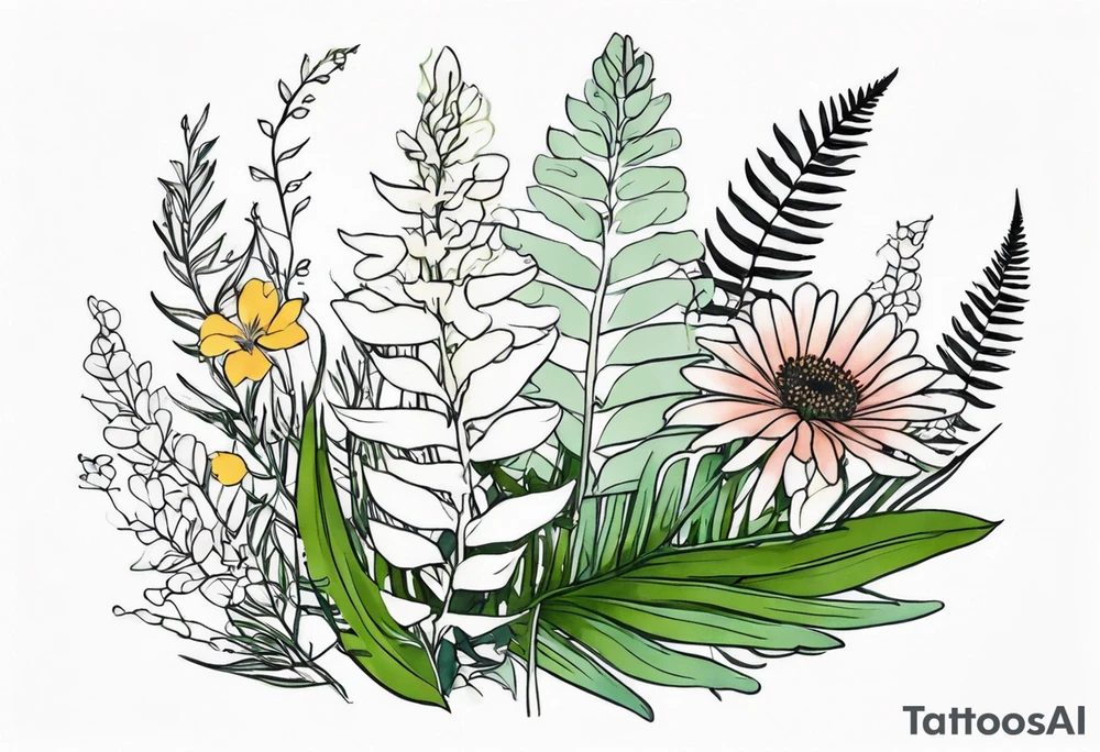 vertical mixed wildflower with ferns and with light color tattoo idea