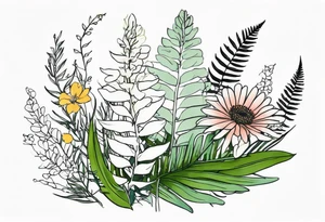 vertical mixed wildflower with ferns and with light color tattoo idea