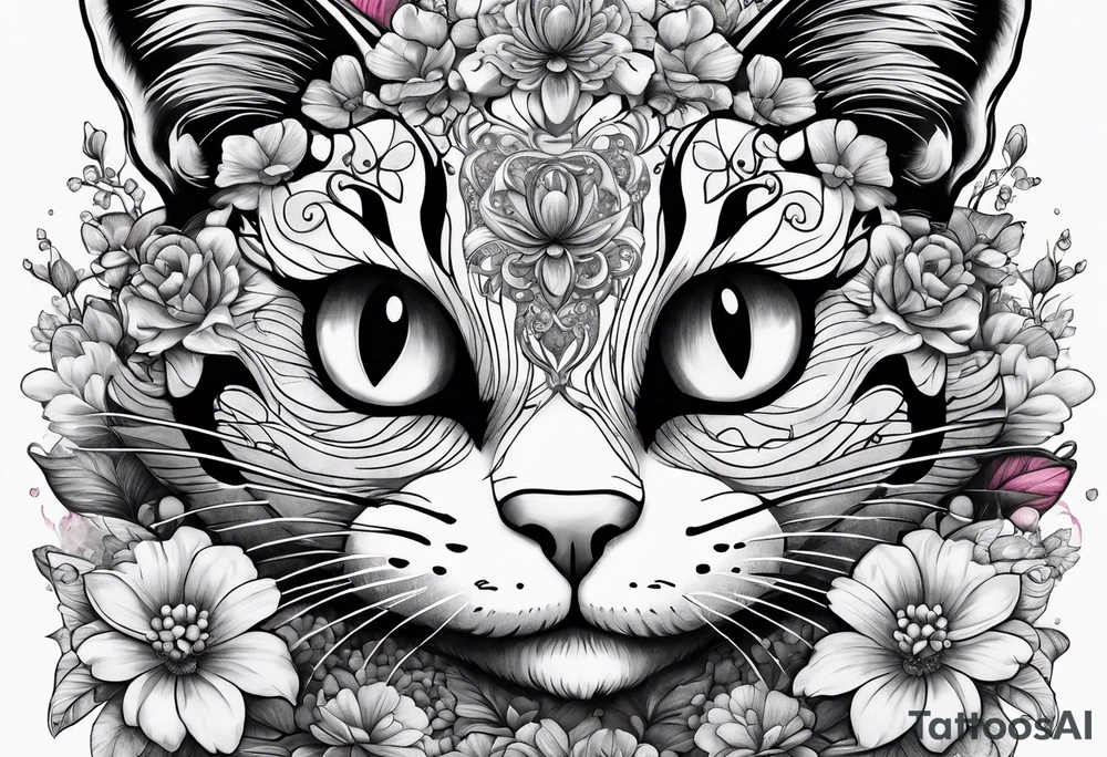 cheshire cat in wonderland among flowers made of candy and glass butterflies tattoo idea