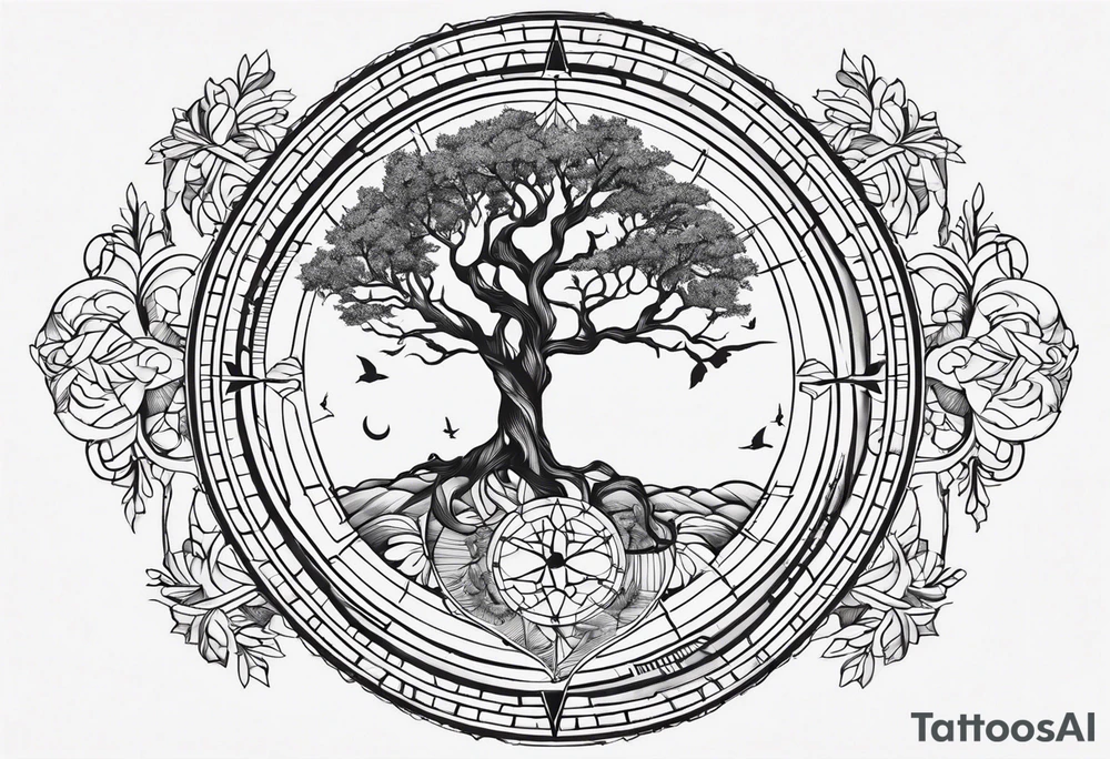 Create me a tattoo only in black with thin lines with a tree of life in the middle, a compass above with GPS coordinates, three little birds from the music "three little birds" by Bob Marley. tattoo idea