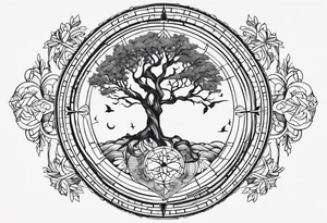 Create me a tattoo only in black with thin lines with a tree of life in the middle, a compass above with GPS coordinates, three little birds from the music "three little birds" by Bob Marley. tattoo idea