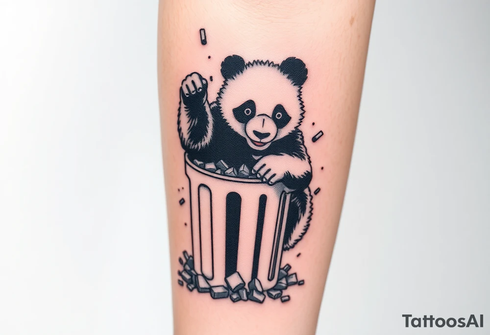 Panda ripping through a trash can, surrounded by rubbish tattoo idea
