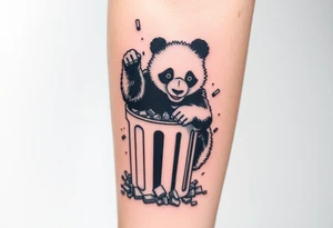 Panda ripping through a trash can, surrounded by rubbish tattoo idea
