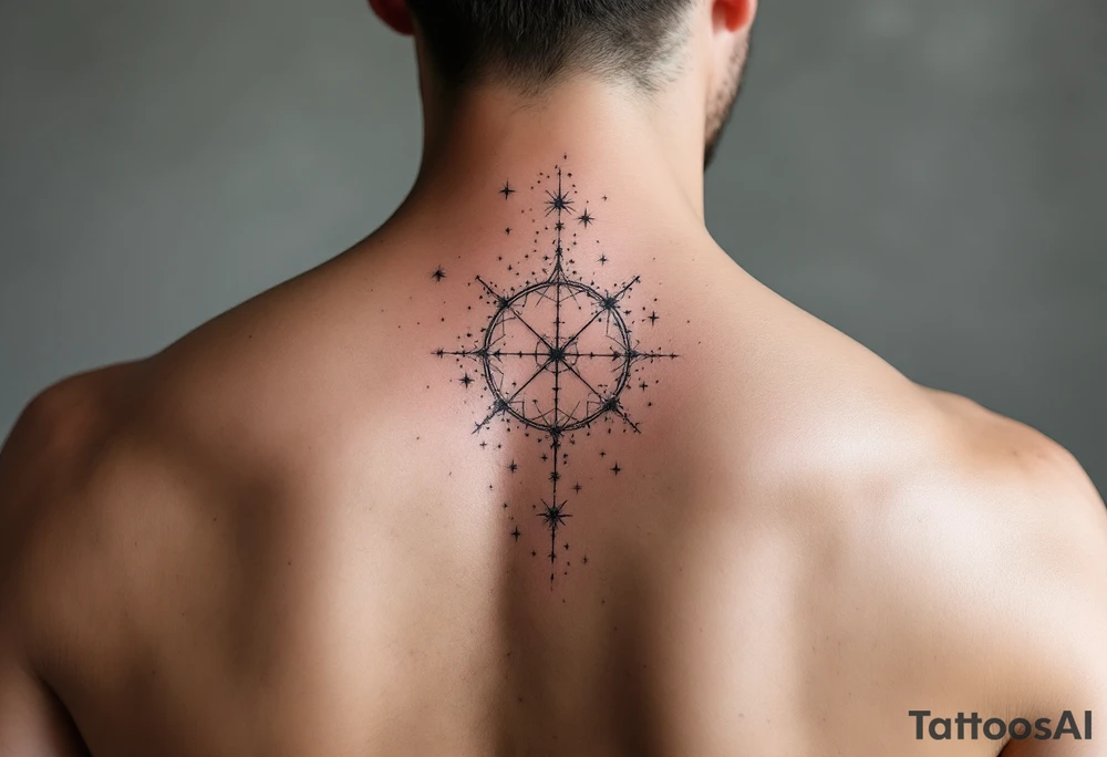 A star map-style Sagittarius star constellation tattoo in muted grays and whites, placed along the spine. tattoo idea