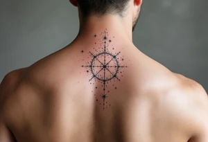 A star map-style Sagittarius star constellation tattoo in muted grays and whites, placed along the spine. tattoo idea