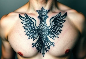 Chest tattoo,powerful two polish symetricals majestic darks eagle with crown, surrounded by lure ornaments tattoo idea