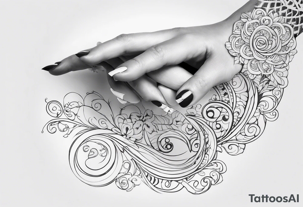 Swirls and whirls of lace covering fingers and forearm tattoo idea