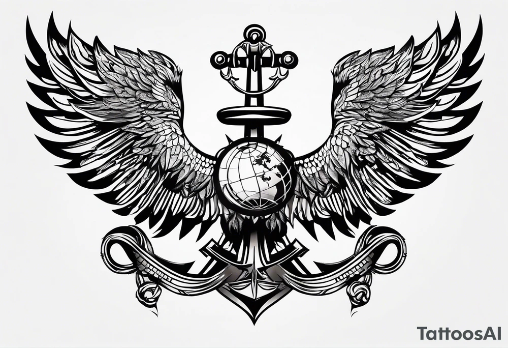 minimalist tribal tattoo with an eagle, globe, and anchor infused with the art tattoo idea