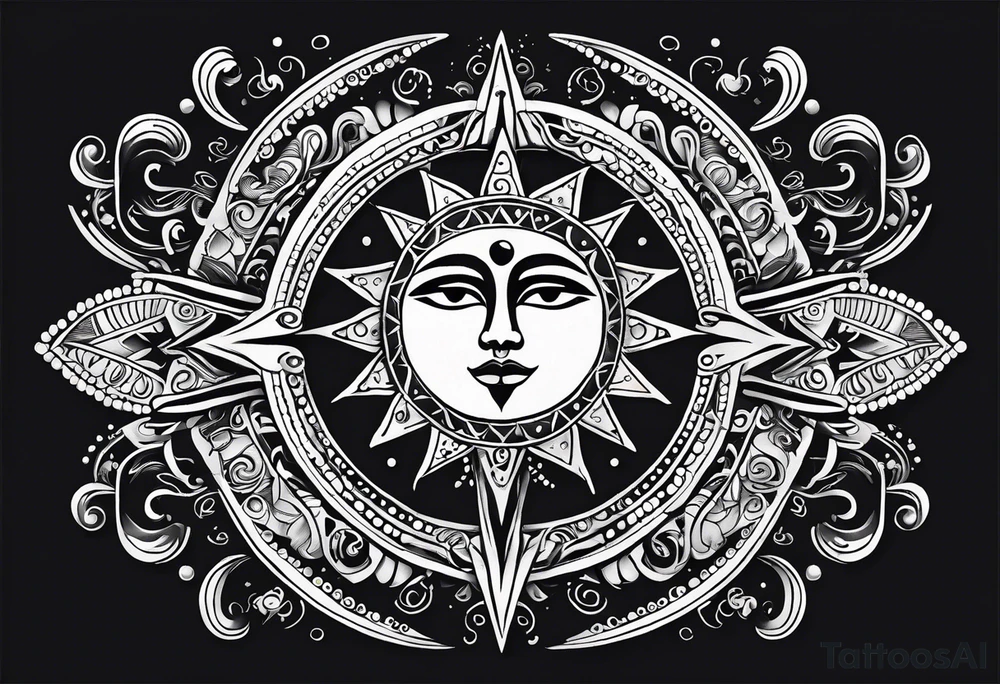 Mexican alien Sun and moon. Freeform rectangular sternum swirls with dots and stars tattoo idea