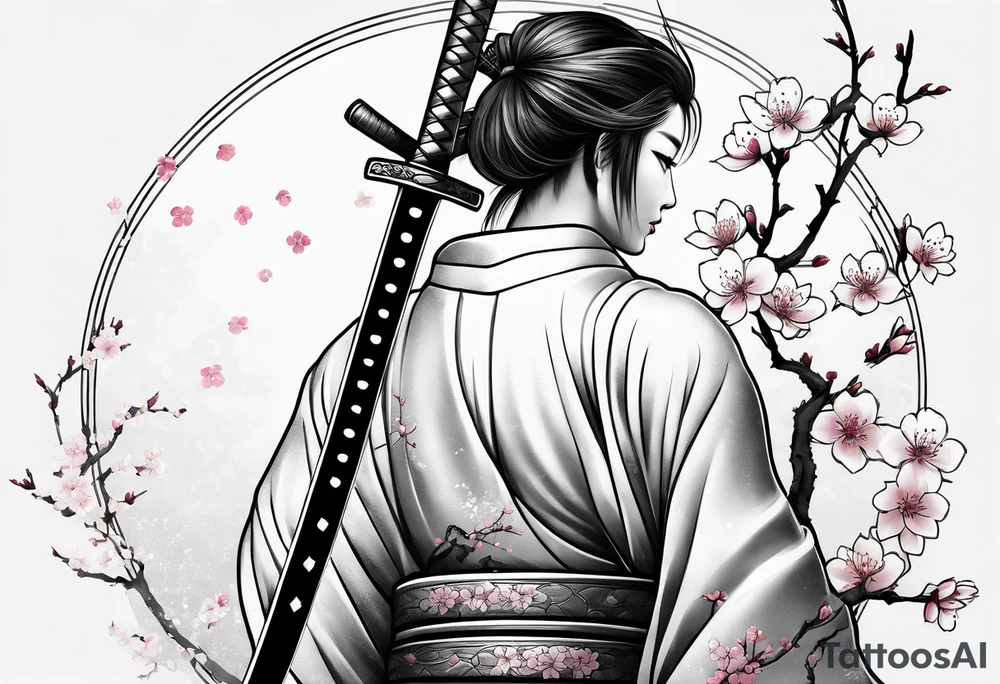 Katana vertical with cherry blossoms and shadow kanji tattoo idea