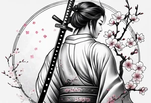 Katana vertical with cherry blossoms and shadow kanji tattoo idea