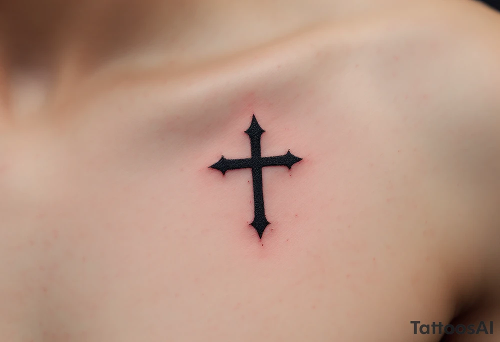 A small, sharp-edged black cross tattoo placed just beneath the outer corner of the eye, with subtle red shading around the lines to give it a raw, rebellious aura. tattoo idea