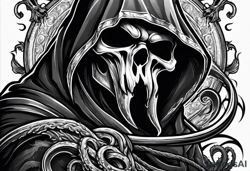 Grim reaper with a kraken in the background tattoo idea