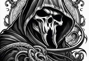 Grim reaper with a kraken in the background tattoo idea