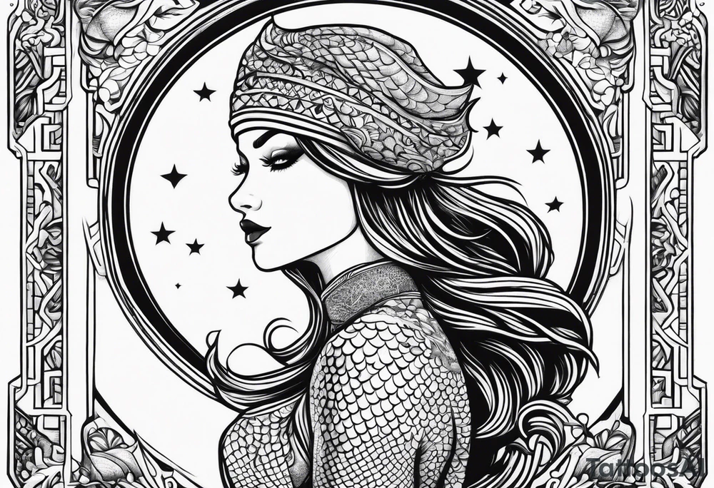 A mermaid wearing a balaclava in screen print style tattoo idea