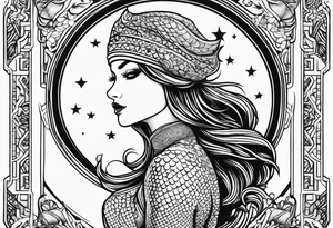 A mermaid wearing a balaclava in screen print style tattoo idea