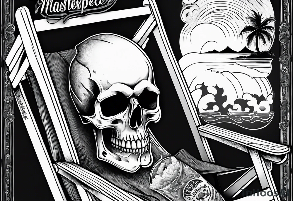 Skull smoke on the beach sitting in a beach chair with a beer in its hand tattoo idea