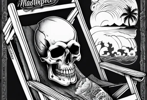 Skull smoke on the beach sitting in a beach chair with a beer in its hand tattoo idea