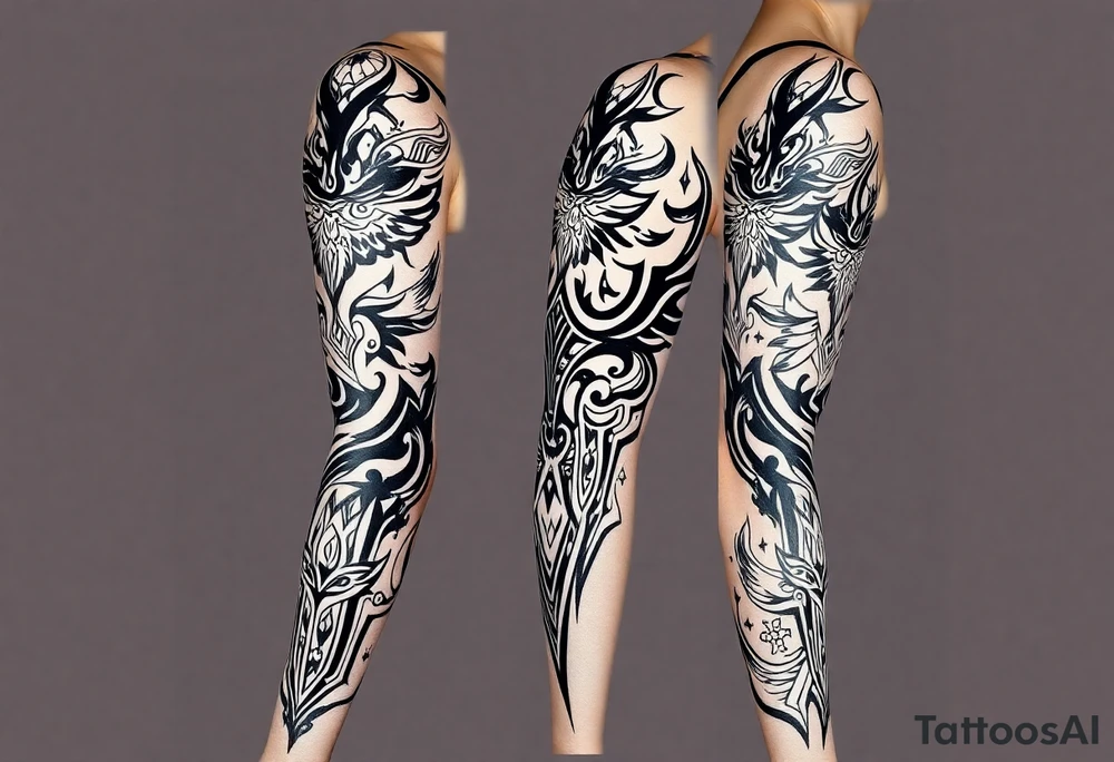 shaman style mytical bold line with rhyme tattoo idea