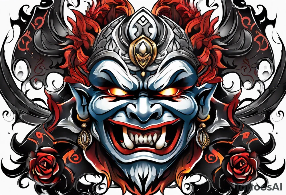 Protection against evil Oni mask tattoo idea