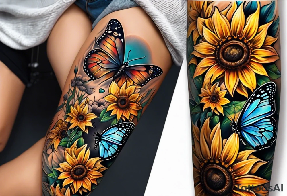 Sunflower and butterfly leg sleeve tattoo idea