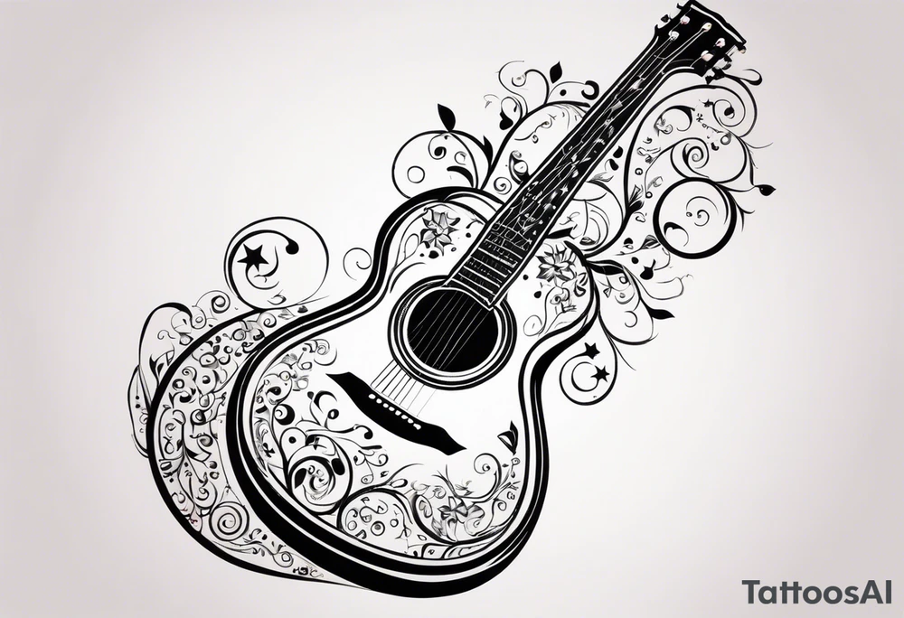 A tattoo featuring an intricate design where the body of a guitar is filled with elaborate swirls and floral patterns. The design is symmetrical with a blend of various curls and loops emanating from the center of the guitar, creating a decorative, ornate appearance. The guitar's neck and headstock are sleek and extend upwards, surrounded by small music notes and stars scattered around it, adding to the musical theme. The entire tattoo has a sense of movement and rhythm, as if the music is flowing from the strings. The tattoo is monochromatic, using shades of black and gray to give depth and contrast. tattoo idea