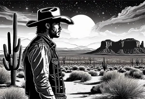 Cowboy standing in the Arizona desert with galaxy sky tattoo idea