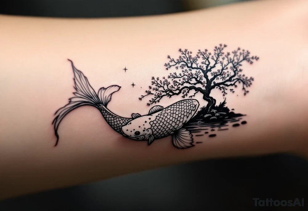 a lightning koi fish swimming upstream in a pond moonlight by the full moon with a sakura tree by the pond tattoo idea