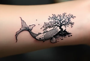 a lightning koi fish swimming upstream in a pond moonlight by the full moon with a sakura tree by the pond tattoo idea