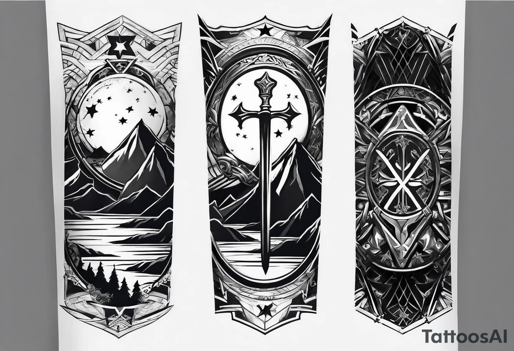 complete upper arm sleeve. Feature three mountain side by side, with 3 stars above them crossed sword patterns that evoke the Valkyrie spirit. Keep the design in clean, simple lines. tattoo idea