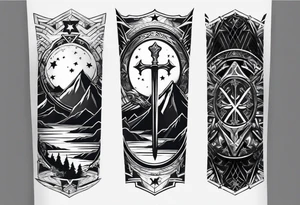 complete upper arm sleeve. Feature three mountain side by side, with 3 stars above them crossed sword patterns that evoke the Valkyrie spirit. Keep the design in clean, simple lines. tattoo idea