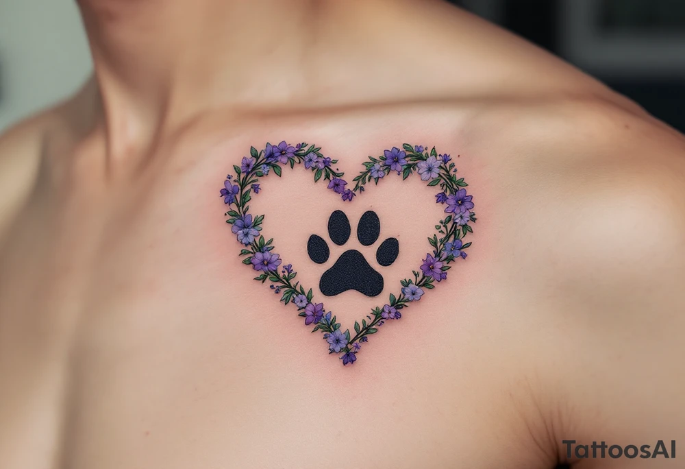 A heart shape made up of small, intricate flowers in shades of violet, lavender, and soft green. Inside the heart, a detailed black paw print silhouette sits, giving the design depth and contrast. The flowers are delicate and look hand-drawn for an organic feel. Violet, Lavender, Soft Green (for flowers), Black (for paw print). tattoo idea
