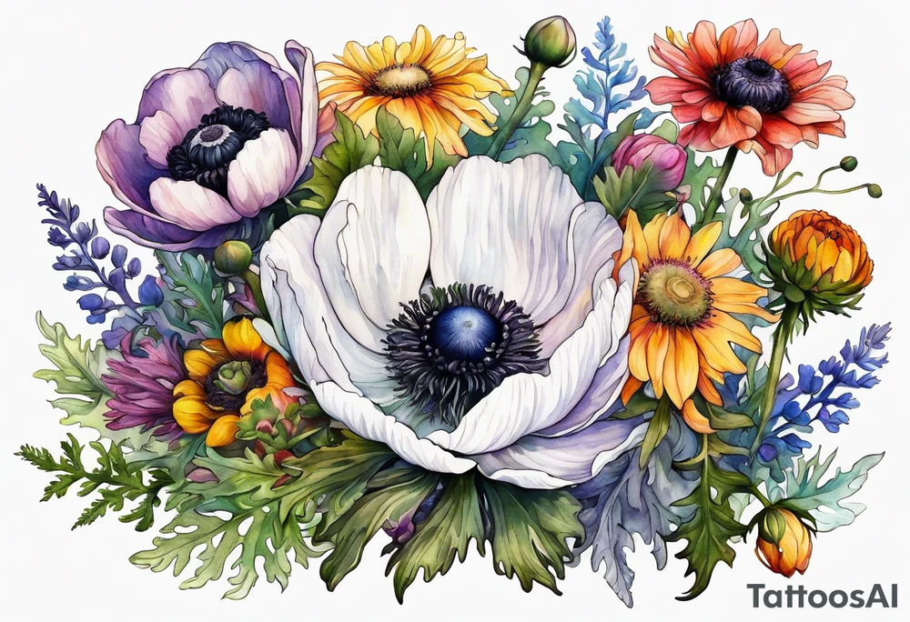 one white anemone with black center in the middle of mixed colorful wildflowers all with different shapes including thistles, ferns, ranuculus, and sun flowers all in watercolor tattoo idea