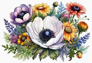 one white anemone with black center in the middle of mixed colorful wildflowers all with different shapes including thistles, ferns, ranuculus, and sun flowers all in watercolor tattoo idea
