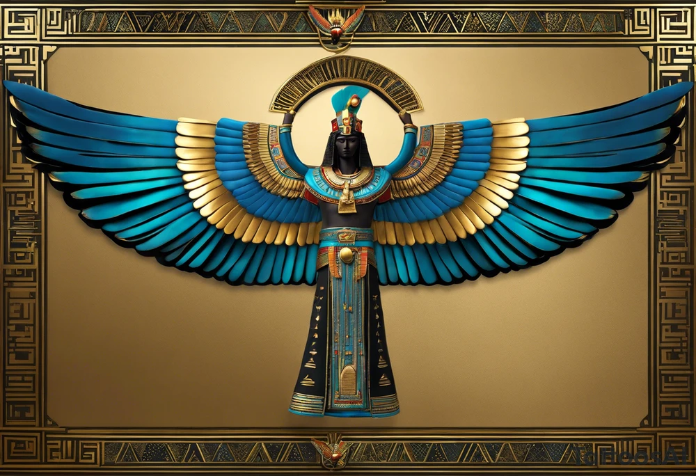 Wings: The figure has huge, extended wings that are decorated with feathers. The curve of the wings is elegant and symmetrical.

Headdress: On his head is a special headdress that resembles an Egyptian-style crown.

Clothing: The figure wears elaborate clothing decorated with geometric patterns, which refers to the characteristics of Egyptian art.

Position: The deity is depicted in a seated position with legs bent and hands resting on the outer parts of the wings as if supporting the wings with outstretched arms. tattoo idea