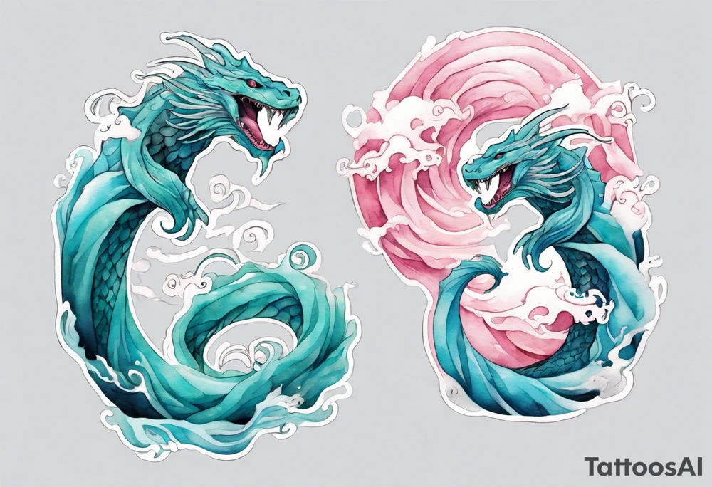 a beautiful turquoise and white and pink Jörmungandr rising from the blue waves of the ocean tattoo idea