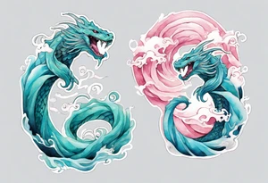 a beautiful turquoise and white and pink Jörmungandr rising from the blue waves of the ocean tattoo idea