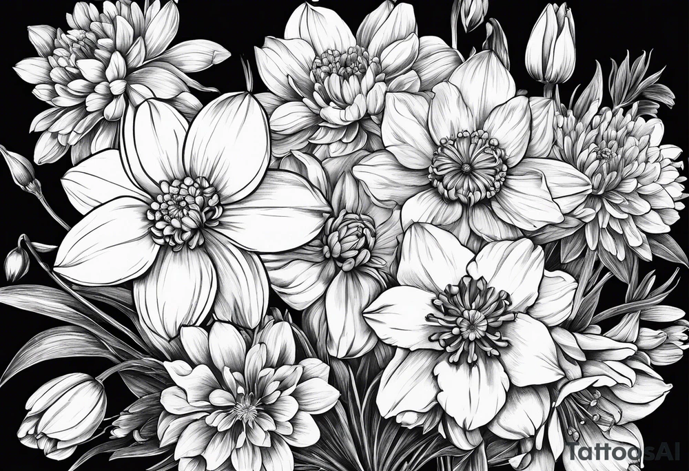 Narcissus, CHRYSANTHEMUM, COSMOS, SNOW DROP in a bouquet with stems tattoo idea
