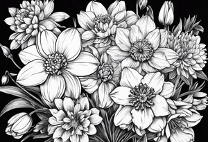 Narcissus, CHRYSANTHEMUM, COSMOS, SNOW DROP in a bouquet with stems tattoo idea