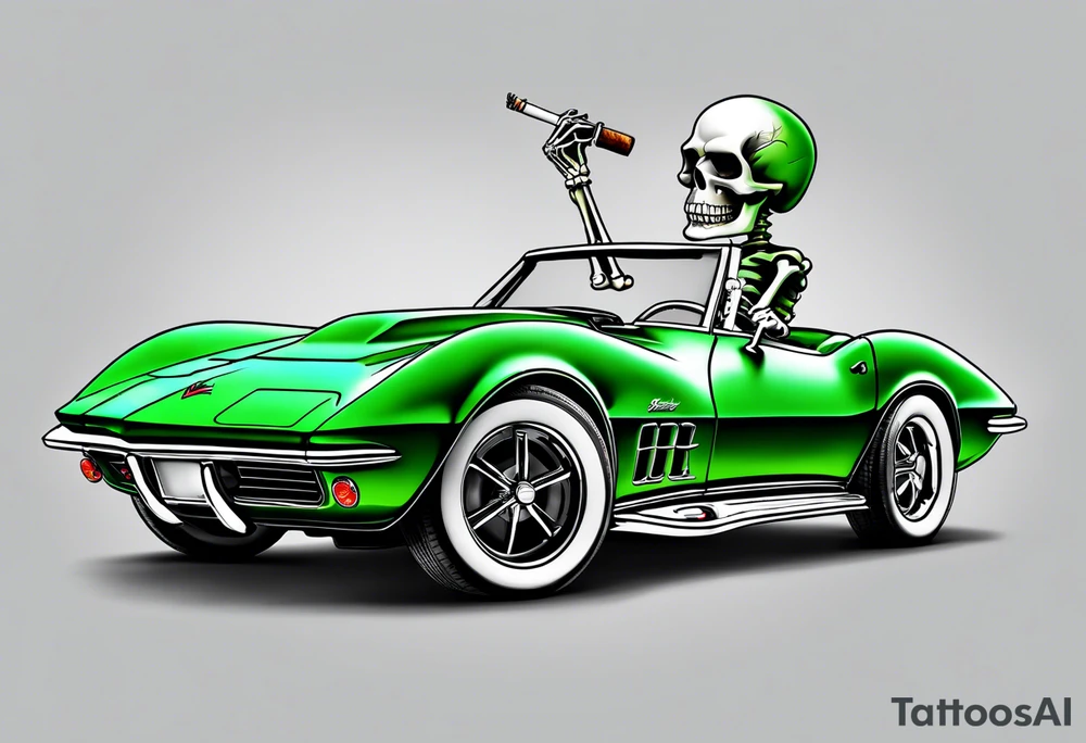 Skeleton smoking a cigarette driving a green 1976 convertible Corvette tattoo idea