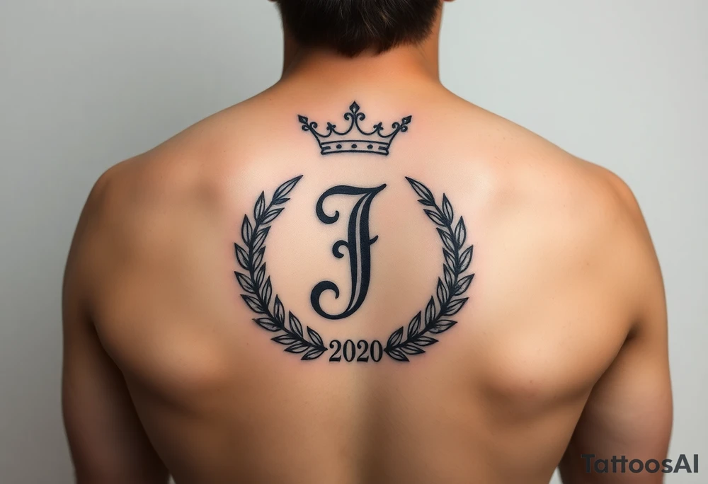 I would like to have an example for a tattoo. In which the initial J is central with a laurel wreath from bottom to top and a crown on top. Furthermore, please include a birth year 2020 or his birth date in Roman. on the upper legs tattoo idea