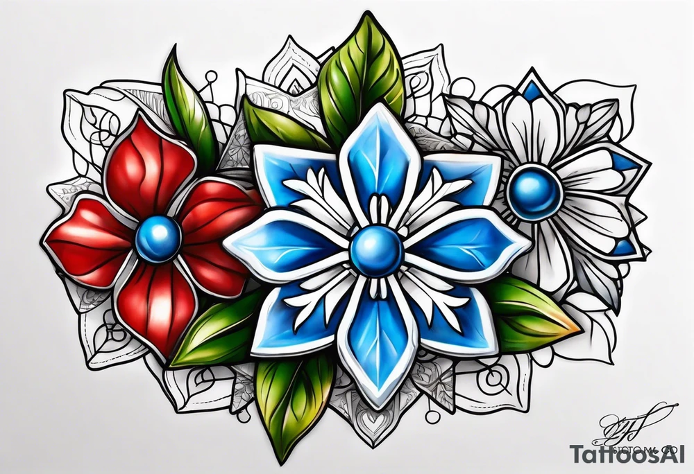 Small tattoo of a forget me knot flower, a red star, and a snowflake tattoo idea