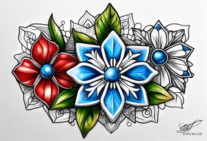 Small tattoo of a forget me knot flower, a red star, and a snowflake tattoo idea