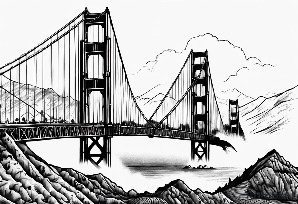 Golden Gate Bridge with fog rolling in with Marin hills in the background tattoo idea
