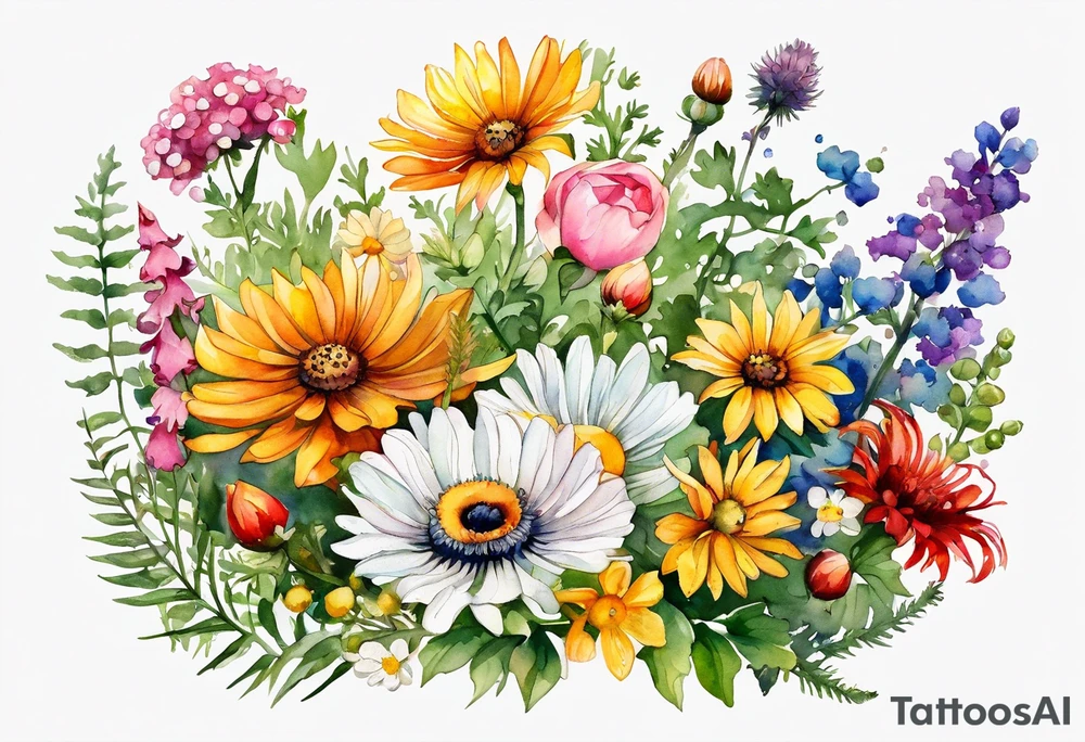 simple wildflowers cascading with thistles, ferns, white anemones, sun flowers, yellow flowers, red flowers, pink flowers, green flowers, buttercups, orange flowers, babys breath and daisies all in watercolor tattoo idea