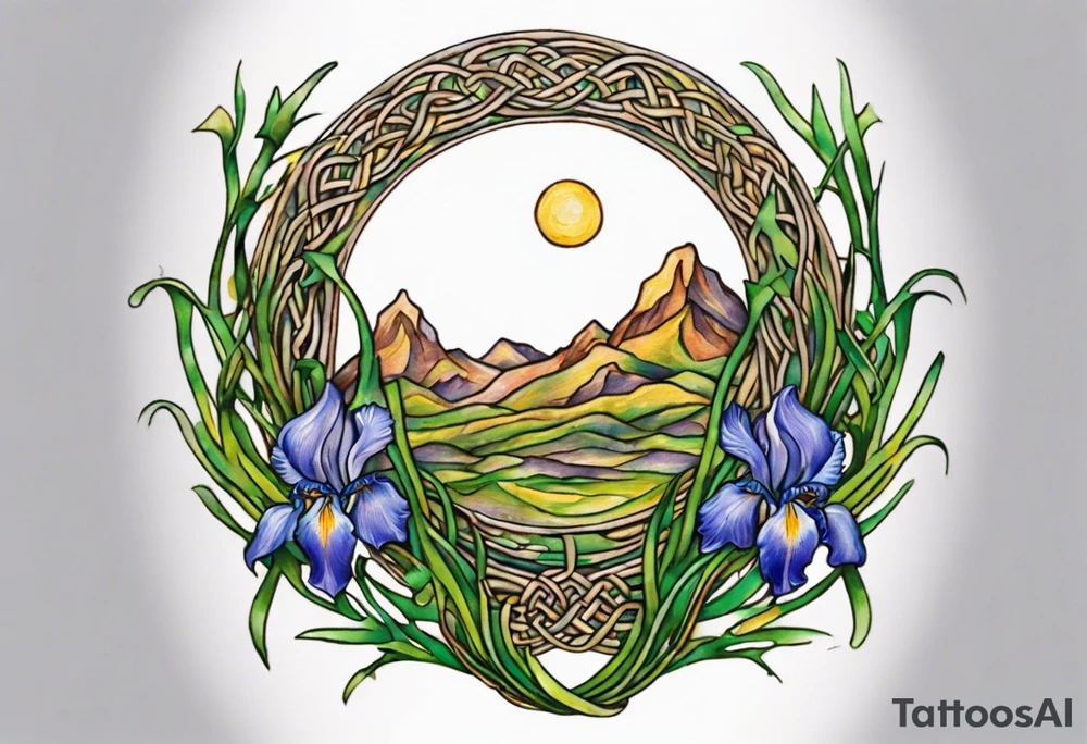 Create a small, colorful Vincent van Gogh Irises tattoo in the form of a crescent, with vines in Celtic knot style gracefully intertwining at a central point in the middle of the wreath. The intended placement is on the upper chest. The middle needs mountains. The overall design should be small in size while maintaining a delicate and artistic aesthetic. Pay attention to the graceful flow of the vines and the placement of the irises to achieve a refined and elegant look. tattoo idea