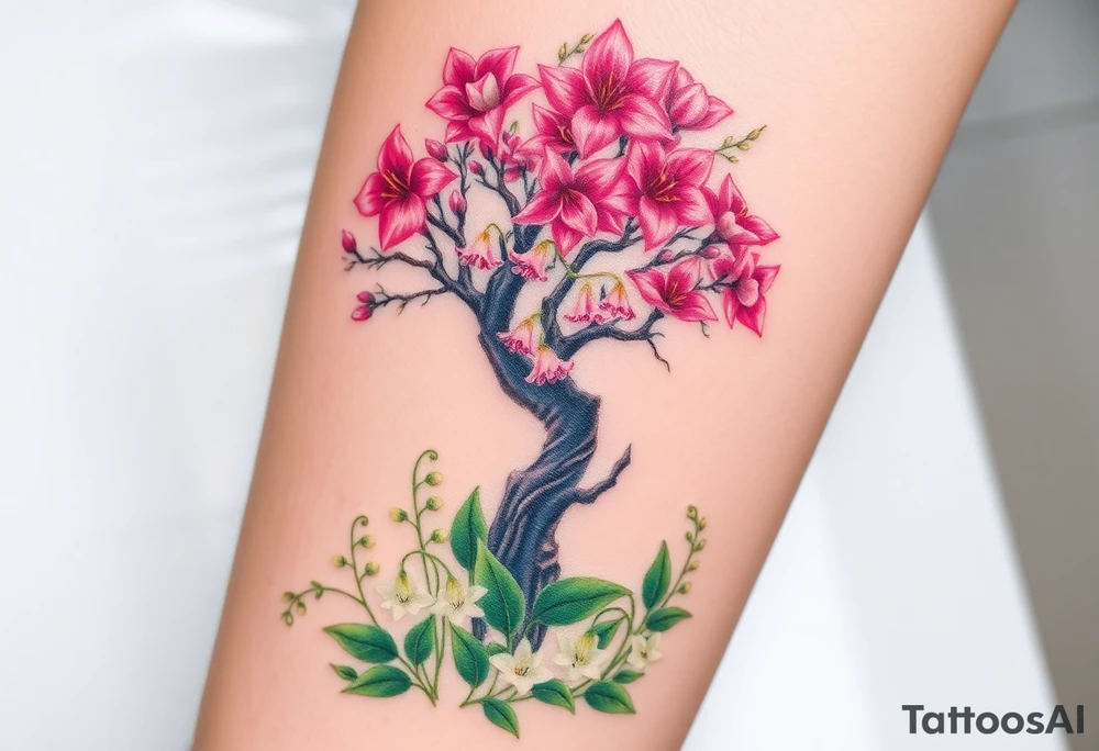 Lilly of the vally bell plants on the ground underneath a majestic blooming hawthorn tree tattoo idea
