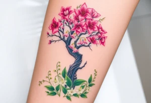 Lilly of the vally bell plants on the ground underneath a majestic blooming hawthorn tree tattoo idea